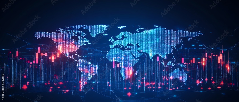 Digital background with stock market charts and graphs, world map in ...