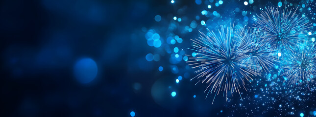 Wall Mural - blue fireworks against a dark blue sky background with copy space, a banner design. new year celebra