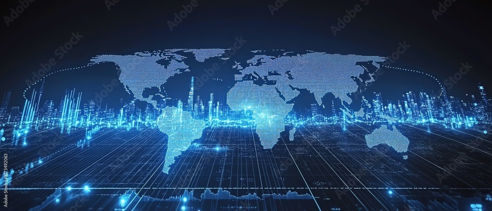World map in blue with stock market charts and graphs, emphasizing ...