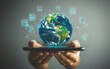 © Thanaseth - Hand holding a tablet with a 3D hologram of Earth, lines and icons floating above, gray background, generative AI, hightech and futuristic design
