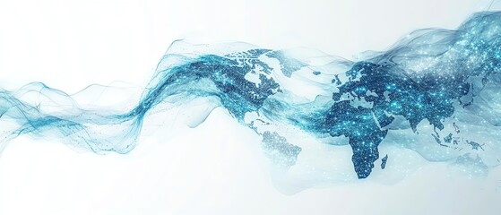 abstract globe and world map on white background with blue wave elements, depicting global technolog