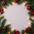 © Global Perspectives - Christmas border, pine branches, red ornaments, holly berries, warm glowing lights, white linen background, festive frame, holiday decor, top-down view, square composition, green and red color scheme,