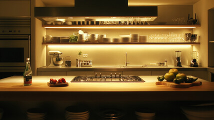 Wall Mural - Sleek kitchen design with modern appliances and warm lighting creates cozy atmosphere