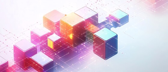 Poster - Abstract isometric network in minimalist line art style, featuring colorful blocks and dots interconnected on a white background, conveying a sense of digital flow, Generative AI