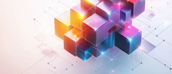 Poster - Abstract isometric network in minimalist line art style, featuring colorful blocks and dots interconnected on a white background, conveying a sense of digital flow, Generative AI