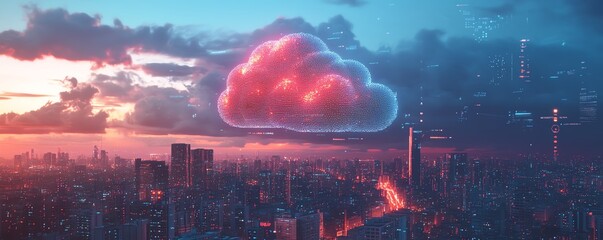 Poster - Cloud surrounded by digital technology icons, floating over an urban cityscape at dusk, showcasing cloud infrastructure and smart city concepts, Generative AI