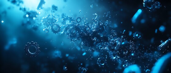 Aufkleber - Futuristic abstract background with blue digital technology elements, gears and cogs in motion, dark color tones creating a sense of depth and complexity, Generative AI