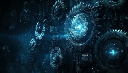 Aufkleber - Futuristic abstract background in blue tones, featuring detailed gears and cogs with a dark color scheme, symbolizing digital technology and mechanical precision, Generative AI