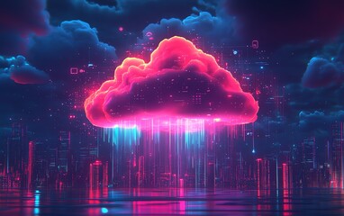 Poster - Futuristic cloud surrounded by vibrant digital icons, hovering over an urban city skyline, symbolizing cloud computing and digital innovation, Generative AI