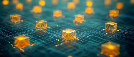 Wall Mural - digital network with glowing golden cubes