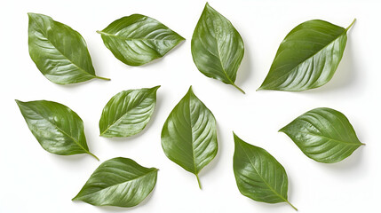 Wall Mural - A flat lay of ten green leaves arranged on a white background.