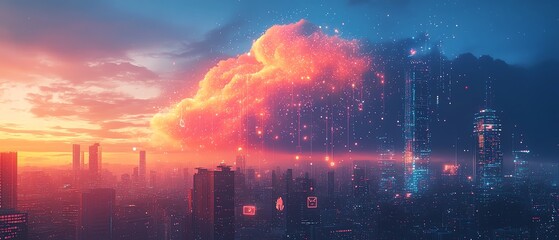 Poster - Urban city landscape with a cloud filled with glowing digital icons, illustrating the convergence of technology, digital communication, and urban innovation, Generative AI