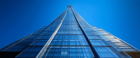 Wall Mural - low angle view of a modern skyscraper against a clear blue sky.