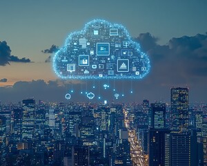 Poster - A cloud filled with digital icons, hovering above a sleek urban city, symbolizing connectivity, smart cities, and digital transformation, Generative AI