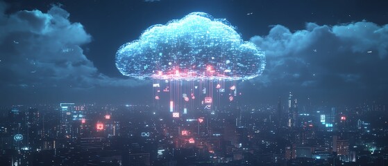 Poster - A cloud surrounded by glowing digital icons, floating above a modern urban city landscape, representing connectivity and technology in a futuristic city, Generative AI