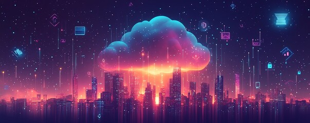 Poster - A digital cloud surrounded by floating icons, with a city skyline beneath, symbolizing the power of cloud computing and digital ecosystems in urban environments, Generative AI