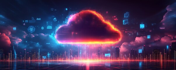 Poster - A digital cloud surrounded by floating icons, with a city skyline beneath, symbolizing the power of cloud computing and digital ecosystems in urban environments, Generative AI