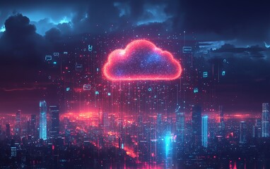 Poster - A digital cloud surrounded by floating tech icons, above a bustling cityscape, representing the intersection of cloud technology and urban development, Generative AI