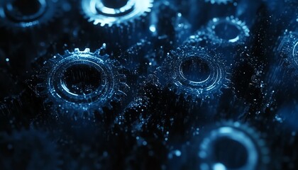 Leinwandbilder - Abstract blue digital landscape with gears and cogs seamlessly integrated into the design, dark color scheme highlighting technological advancement, Generative AI