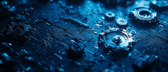 Leinwandbilder - Abstract digital tech design in deep blue with gears and cogs, dark palette, conveying innovation, motion, and the integration of machinery, Generative AI