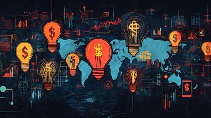 A cartoon-style drawing of various financial symbol, Business idea light bulb icons