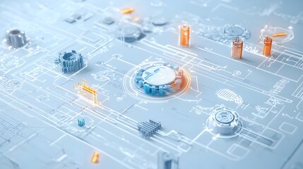 Aufkleber - Close up view of a glowing blueprint with illuminated geometric elements showcasing innovative modern design concepts and futuristic technology