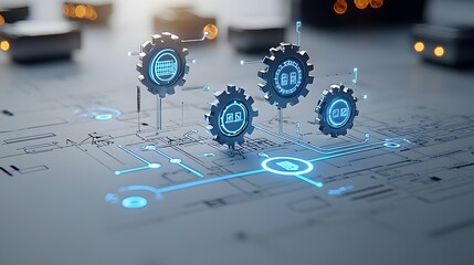 Poster - Futuristic blueprint featuring luminous pathways and interconnected digital networks representing innovative high tech solutions and advanced technological concepts