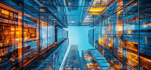 Wall Mural - low angle view of a skyscraper with blue glass windows reflecting the sky.