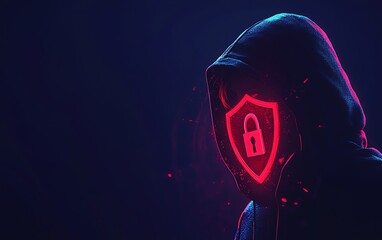 Fototapete - A man in a black hoodie with a red shield and padlock icon on a dark blue background, symbolizing cyber security and digital protection, Generative AI