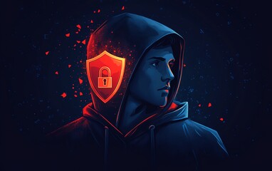 Fototapete - A man in a black hoodie with a red shield and padlock icon on a dark blue background, symbolizing cyber security and digital protection, Generative AI