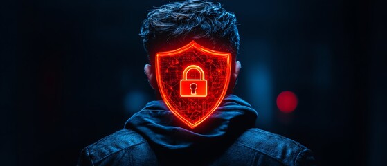 Aufkleber - A man wearing a black hoodie, with a red shield and padlock icon glowing on a dark blue backdrop, representing the importance of cyber security and data protection, Generative AI