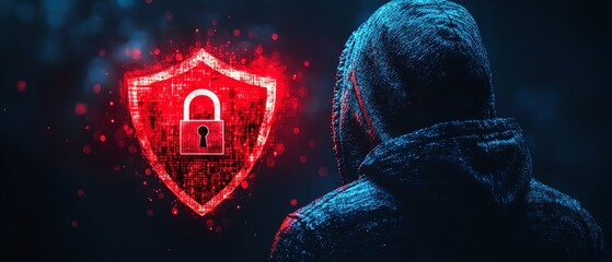 Leinwandbilder - A man wearing a black hoodie, with a red shield and padlock icon glowing on a dark blue backdrop, representing the importance of cyber security and data protection, Generative AI