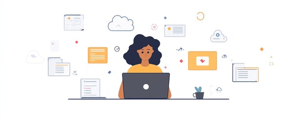 Poster - A person using a laptop with cloud storage icons and multiple file wraps around the screen, showing data in clouds accessible to tablets and computers for business, Generative AI