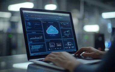 Aufkleber - A person using a laptop with cloud storage icons and multiple file wraps around the screen, showing data in clouds accessible to tablets and computers for business, Generative AI