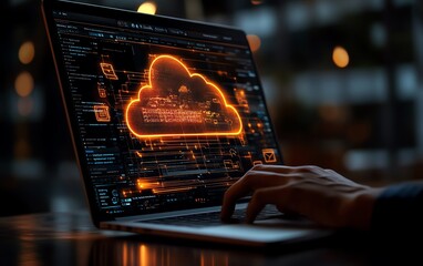 Aufkleber - A person using a laptop with cloud storage icons and multiple file wraps around the screen, showing data in clouds accessible to tablets and computers for business, Generative AI