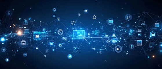 Poster - Abstract blue digital network with people icons floating across a connected web, showcasing social media and technological connectivity, Generative AI
