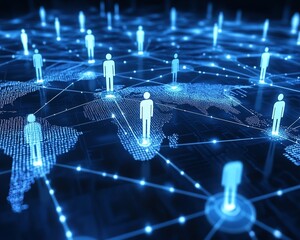 Poster - Abstract digital connection network with people icons on a blue background, symbolizing technology, social media, and global connectivity, Generative AI