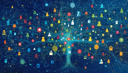 Poster - Abstract representation of a digital network with people icons on a blue backdrop, depicting the power of social media and technologydriven connections, Generative AI