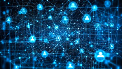 Poster - Blue digital network with interlinked people icons, creating an abstract representation of technology, social media, and global digital connections, Generative AI