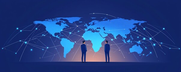 Aufkleber - Business professionals standing before a world map, connected by digital lines representing international trade and global networking, Generative AI