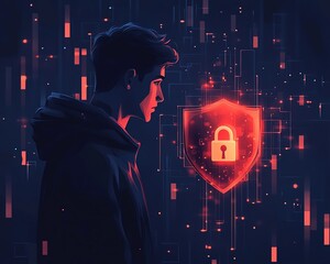 Fototapete - Digital security concept featuring a man in a black hoodie with a red shield and padlock icon on a dark blue background, symbolizing protection from cyber threats, Generative AI