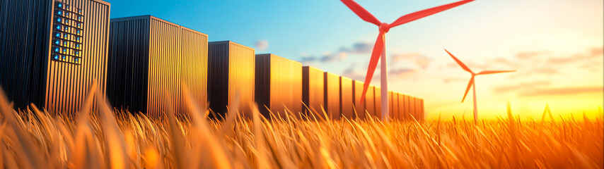 Canvas Print - Wind Turbines and Containers at Sunset in the Field