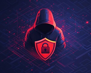 Aufkleber - Digital security concept featuring a man in a black hoodie with a red shield and padlock icon on a dark blue background, symbolizing protection from cyber threats, Generative AI