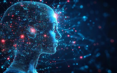 Poster - Futuristic digital network with interconnected people icons on a blue background, illustrating social media connectivity and technological relationships, Generative AI