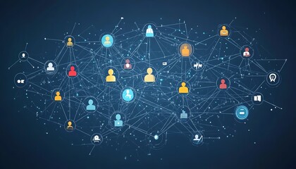 Poster - Futuristic social media concept with people icons connected by digital lines on a blue background, symbolizing the technological web of global interaction, Generative AI
