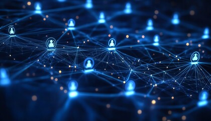 Poster - Futuristic social media concept with people icons connected by digital lines on a blue background, symbolizing the technological web of global interaction, Generative AI