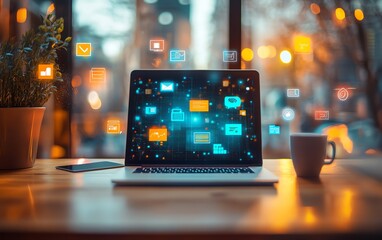 Aufkleber - Laptop screen surrounded by cloud storage icons and floating files, showing data being accessed by various devices, emphasizing cloudbased business solutions, Generative AI