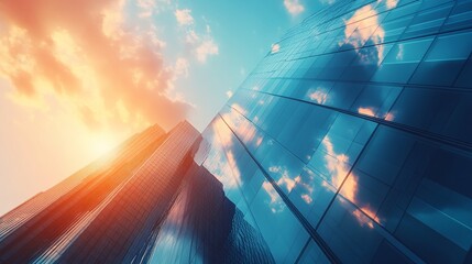 Wall Mural - low angle view of modern skyscrapers reflecting a sunset sky.