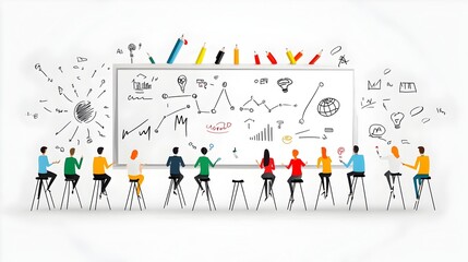 Poster - of a diverse business team collaborating and strategizing together on a whiteboard showcasing their teamwork problem solving skills and commitment to achieving their corporate goals