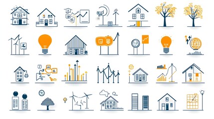 Aufkleber - Set of minimal outline icons representing various mortgage loan and real estate investment concepts like property finance housing banking and commercial development